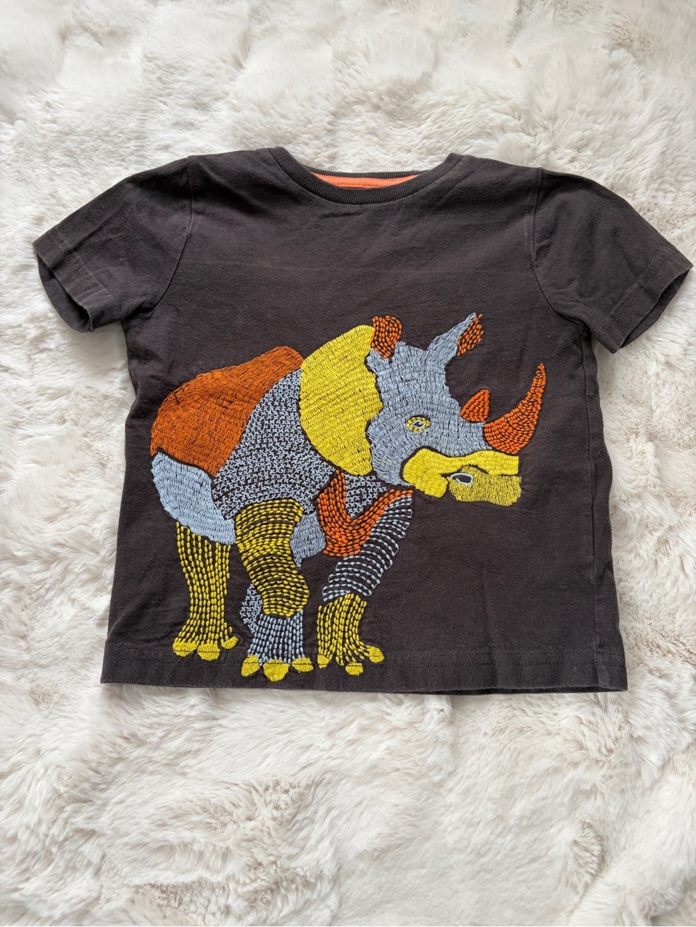 Mini Boden Black Tee with Yellow, Orange & Light Gray Rhino
